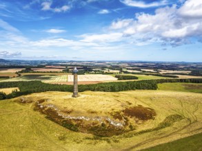 Waterloo Monument over Scottish fields and farms from a drone, Jedburgh, Scotland, UK