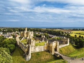 Warkworth Castle over River Coquet from a drone, Warkworth, Northumberland, England, United Kingdom