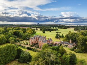 Tyninghame House over River Tyne from a drone, East Lothian, Scotland, UK