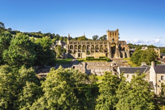 Jedburgh Abbey from a drone, Augustinian Abbey, Jedburgh, Scottish Borders, Scotland, UK