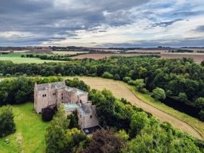 Hutton Castle from a drone, Whiteadder Water, Chirnside, Scottish Borders, UK