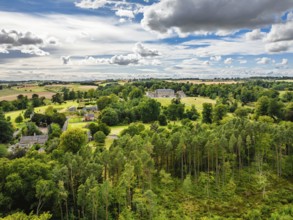Marchmont House and garden from a drone, Marchmont Estate, Greenlaw, Berwickshire, Duns, Scotland,
