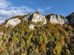 Aerial view of the Upper Danube Valley surrounded by autumn vegetation with the Hausender Peaks