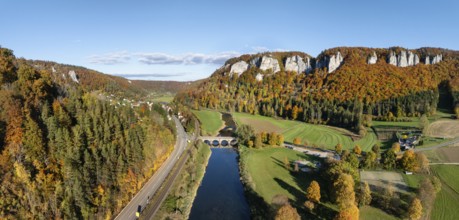 Aerial view, panorama of the Upper Danube Valley, surrounded by autumn vegetation with the