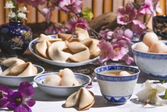Lychee, lychee wine and fortune cookies in Asian tableware surrounded by blossoms