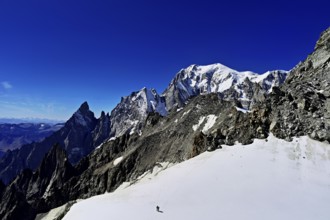 From left, the mountains l'Aiguille Noire de Peuterey, L'Aiguille Blanche de Peuterey, Mont Blanc,