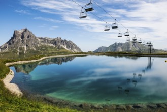 Mountain landscape with reservoir and chairlift, Saloberkopf, Widderstein, Warth, Bregenzerwald,
