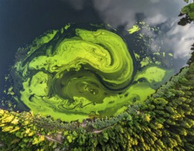 Green algae on the lake. Aerial view of nature, landscape with hills and forest in summer, cloudy