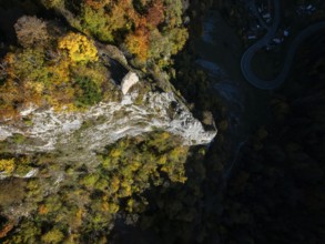 Aerial view of the viewpoint, shovels and Hausen Castle, also known as the Hausen ruins, surrounded