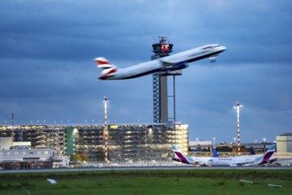 Airplane taking off from Düsseldorf Airport, Air Traffic Control Tower, North Rhine-Westphalia,