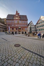 Market square with town hall and Neptune fountain with Neptune and trident from the Renaissance,