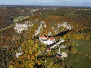 Aerial view of Wildenstein Castle near Leibertingen, surrounded by autumn vegetation, Upper Danube
