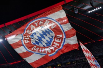 Flag, flying under stadium roof, logo FC Bayern Munich, FCB, Champions League, Allianz Arena,