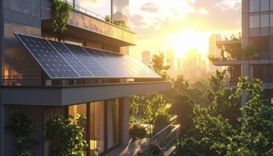 Sunlight Glinting Off Solar Panels on Contemporary Apartment Balcony, energy solution, concept of