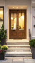 Modern building entrance with stairs, glass facade, and plants in warm evening light, empty