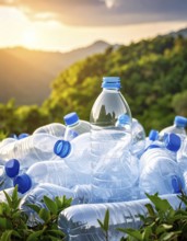 Crushed plastic water bottle waste in a wild landscape, symbol for nature protection, waste
