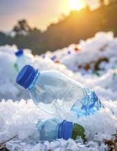 Crushed plastic water bottle waste in a wild landscape, symbol for nature protection, waste