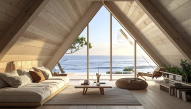 Peaceful A-frame cabin interior with ocean views, real estate lifestyle and travel destination,