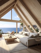 Peaceful A-frame cabin interior with ocean views, real estate lifestyle and travel destination,