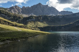 Traualpsee, in the back of Lachenspitze, Allgäu Alps, Tannheim, Tyrol, Austria