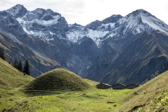 View of Hintere Einödsberg-Alpe, back mountains of the Allgäu Alps with Wilder Mann and