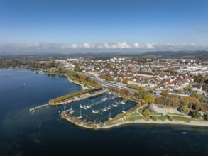 Aerial view of the town of Radolfzell on Lake Constance with the Wäschbruckhafen, harbour pier and