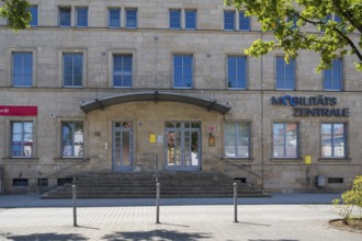 Entrance to the train station, Mobilitäts Zentrale, Kronach, Upper Franconia, Bavaria, Germany