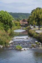 Landscape on the Kronach river, footbridge covered behind, hospital bridge, Kronach, Upper
