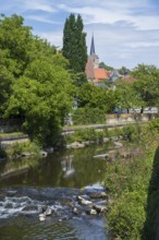 Landscape on the river Hasslach, behind the church of St. Johannes, Kronach, Upper Franconia,