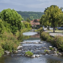 Landscape on the Kronach river, footbridge covered behind, hospital bridge, Kronach, Upper