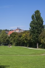 Park with view of Rosenberg Fortress, Landesgartenschau-Park, Kronach, Upper Franconia, Franconia,