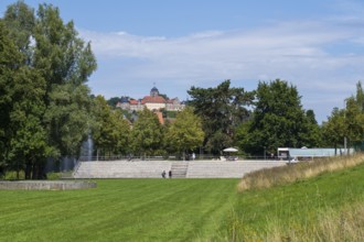 Park with view of Rosenberg Fortress, Landesgartenschau-Park, Kronach, Upper Franconia, Franconia,