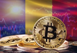Bitcoin with Romania flag in the background. Investors in cryptocurrency and Blockchain Technology