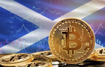 Investors in cryptocurrency and Blockchain Technology in Scotland, Concept. Bitcoin with Scotland