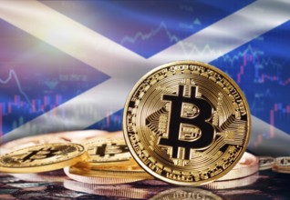 Bitcoin with Scotland flag in the background. Investors in cryptocurrency and Blockchain Technology