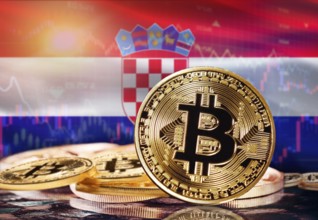 Bitcoin with Croatia flag in the background. Investors in cryptocurrency and Blockchain Technology