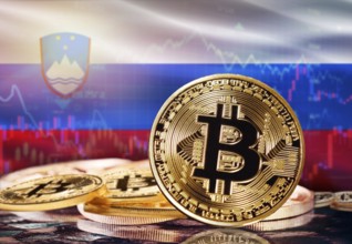 Bitcoin with Slovenia flag in the background. Investors in cryptocurrency and Blockchain Technology