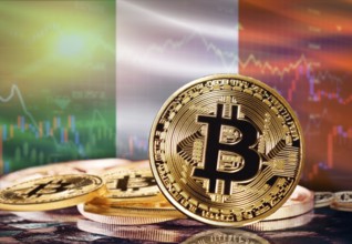 Bitcoin with Ireland flag in the background. Investors in cryptocurrency and Blockchain Technology