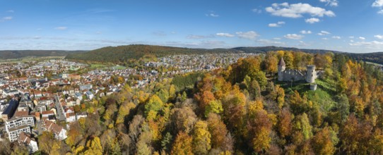 Aerial view, panorama of the ruins of Honburg Castle on the Honberg above the town of Tuttlingen,