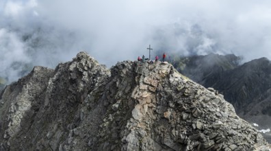 Hikers at the summit, aerial view, Lasörling summit, Lasörling Group, Hohe Tauern, East Tyrol,
