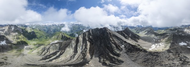 360° alpine panorama, aerial view, Lasörling summit, Lasörling Group, Hohe Tauern, East Tyrol,