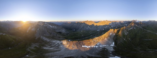 Sunrise 360° Alpine panorama, aerial view of Bachlenkenkopf, summit of the Großvenediger, Venediger