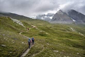 Hikers on hiking trail, cloudy mountain landscape, Hohe Tauern National Park, Carinthia, Austria