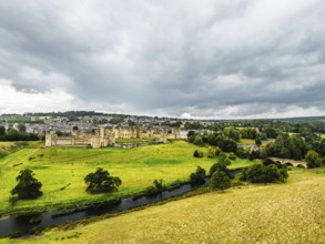 Alnwick Castle from a drone, Alnwick, Northumberland, England, United Kingdom