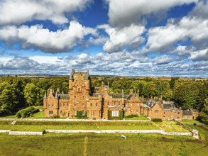 Ayton Castle from a drone, Ayton, Eyemouth, Scottish Borders, Scotland, UK