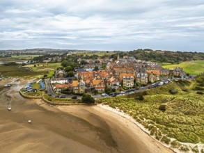Alnmouth and River Aln Estuary from drone, Alnwick, Northumberland, England, United Kingdom