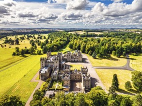 Floors Castle and garden from a drone, Duke of Roxburghe, Roxburghshire, Scotland, UK