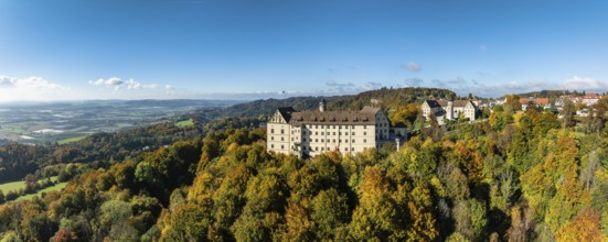 Aerial view, panorama of Heiligenberg Castle, a Renaissance-style palace complex, Tübingen