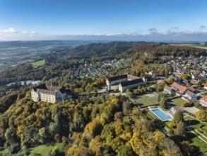 Aerial view of Heiligenberg Castle, a Renaissance-style palace complex, Tübingen administrative