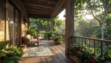 An eco-friendly porch designed for sustainable living in an environmentally-conscious home, lush